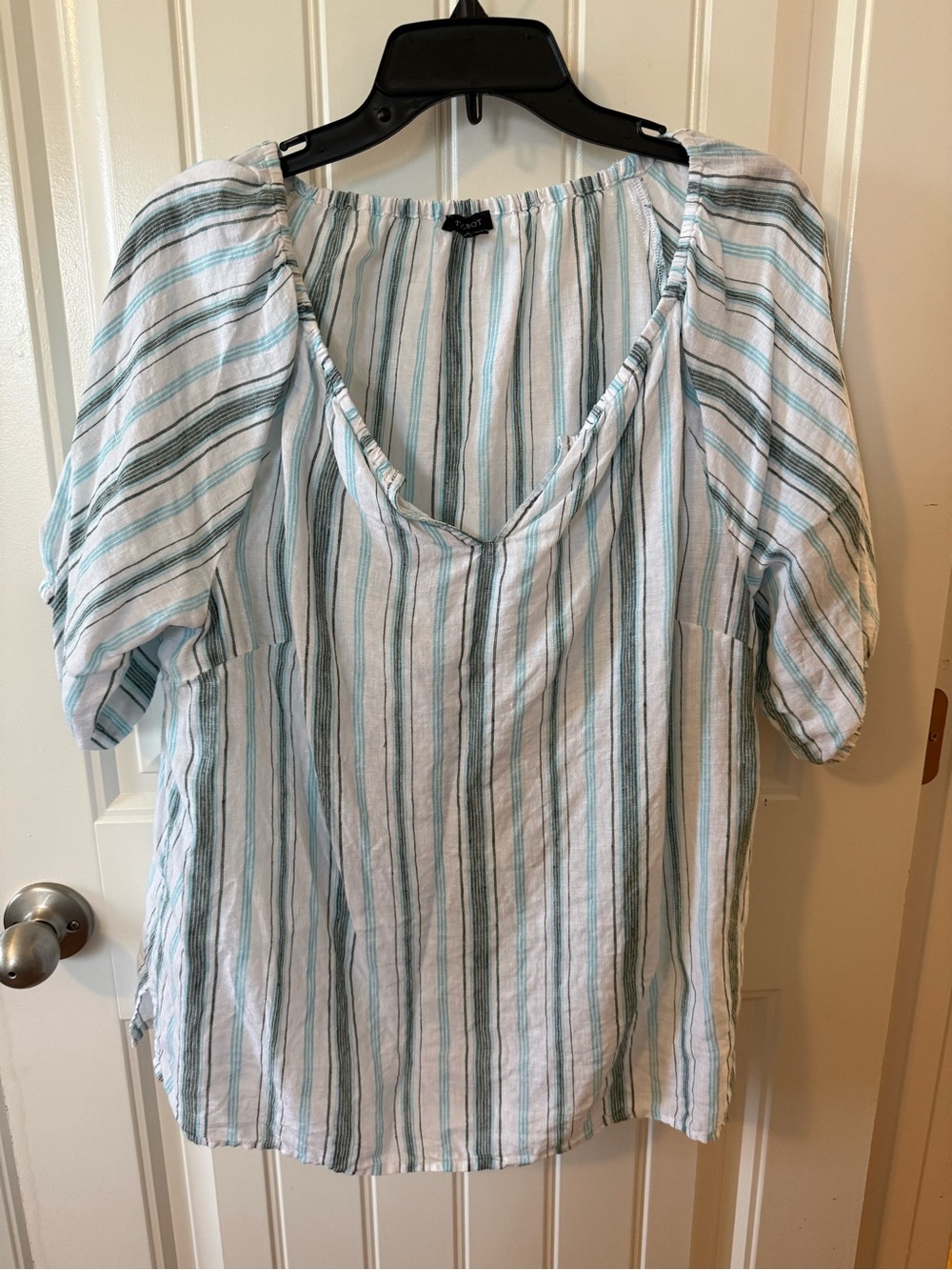 Talbots White Striped V-Neck Blouse with Teal & Gray Stripes